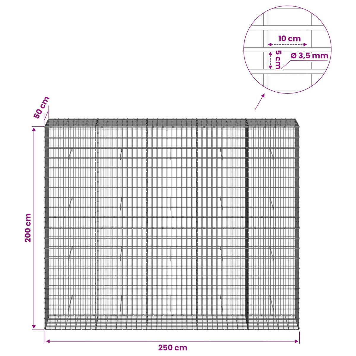 Gabionas su 3,5 mm viela ir 5x10 cm tinkleliu 250x50x200 cm