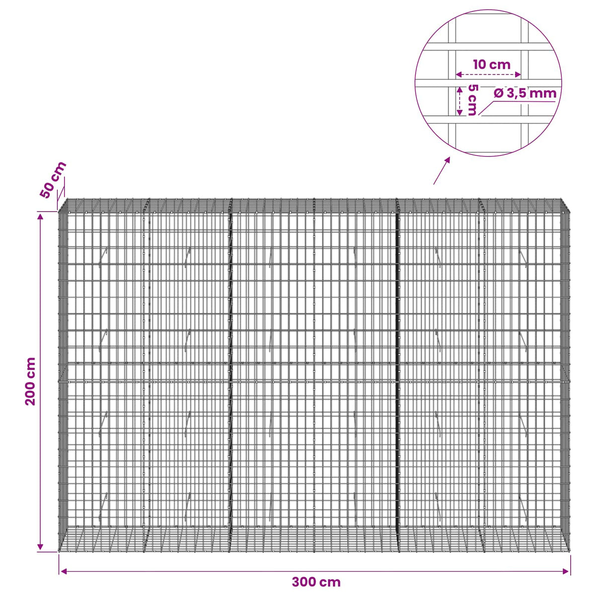 Gabionas su 3,5 mm viela ir 5x10 cm tinkleliu 300x50x200 cm