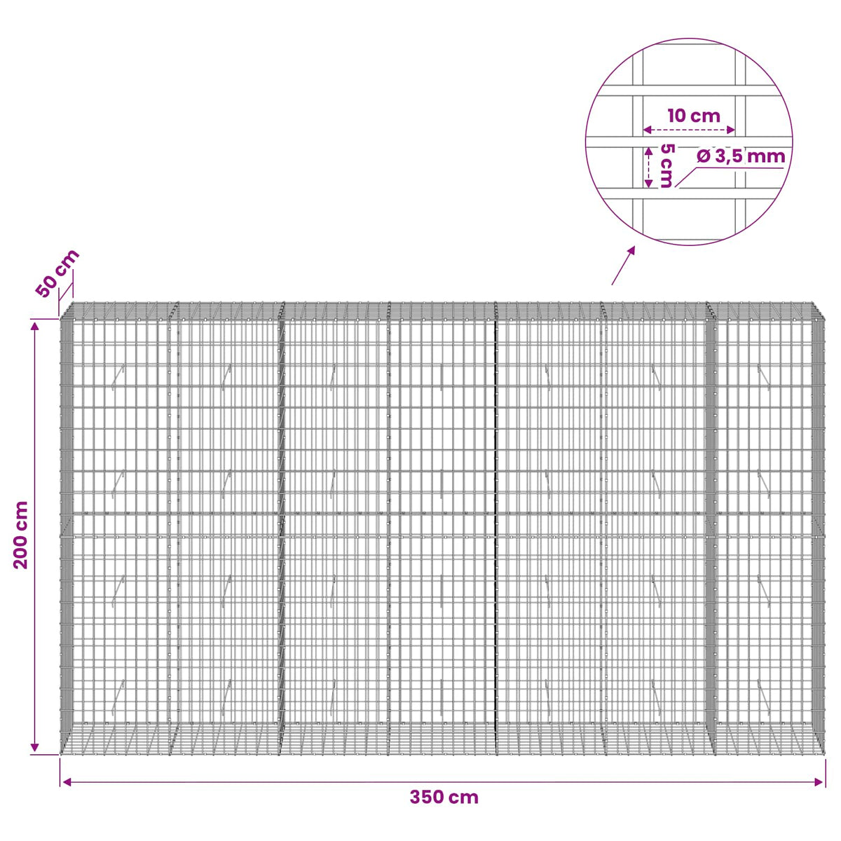 Gabionas su 3,5 mm viela ir 5x10 cm tinkleliu 350x50x200 cm