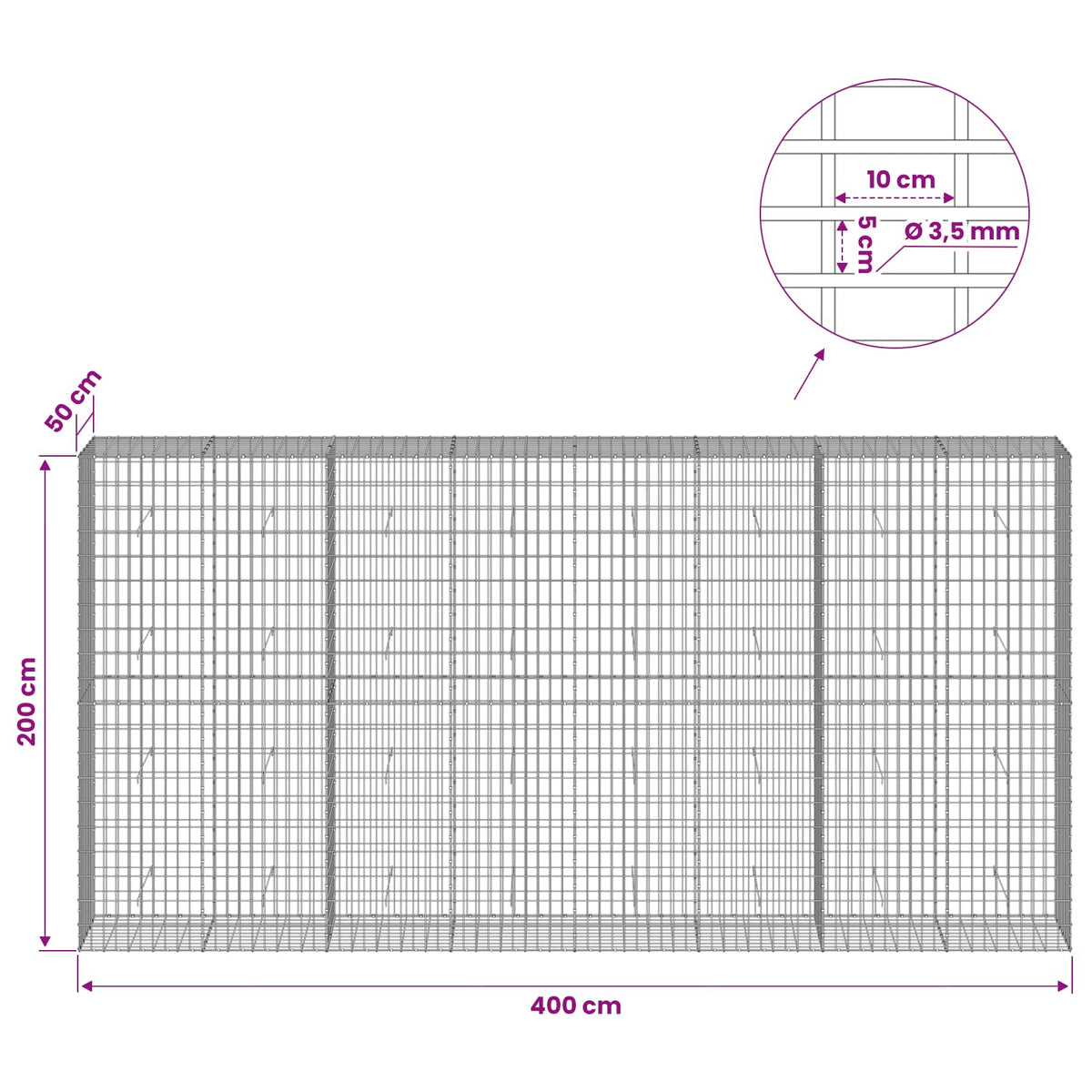 Gabionas su 3,5 mm viela ir 5x10 cm tinkleliu 400x50x200 cm