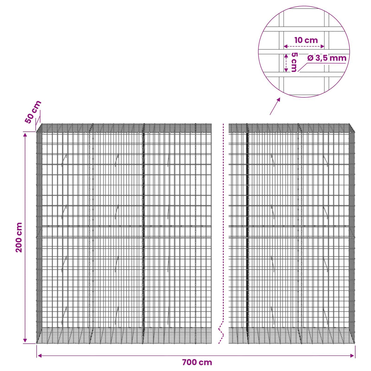 Gabionas su 3,5 mm viela ir 5x10 cm tinkleliu 700x50x200 cm
