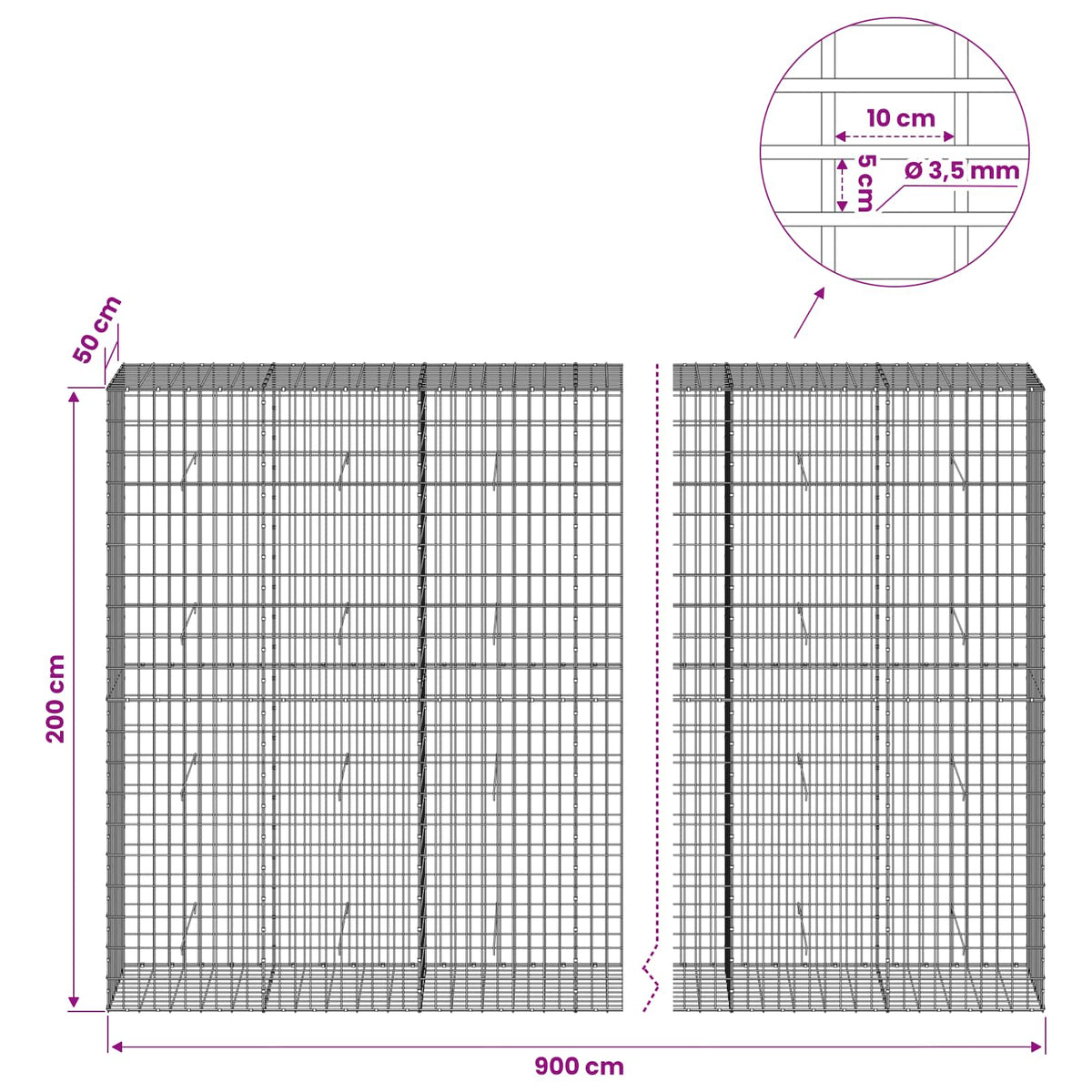 Gabionas su 3,5 mm viela ir 5x10 cm tinkleliu 900x50x200 cm