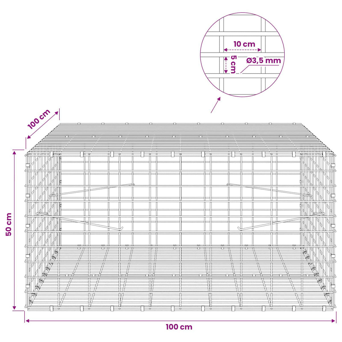 Gabionas su 3,5 mm viela ir 5x10 cm tinkleliu 100x100x50 cm