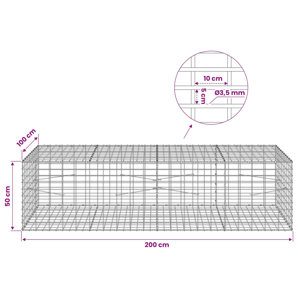 Gabionas su 3,5 mm viela ir 5x10 cm tinkleliu 200x100x50 cm