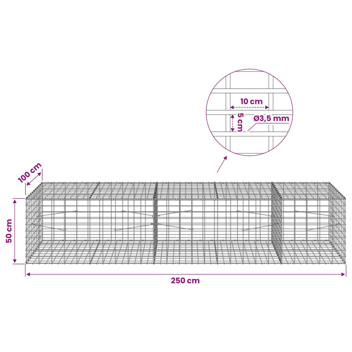 Gabionas su 3,5 mm viela ir 5x10 cm tinkleliu 250x100x50 cm