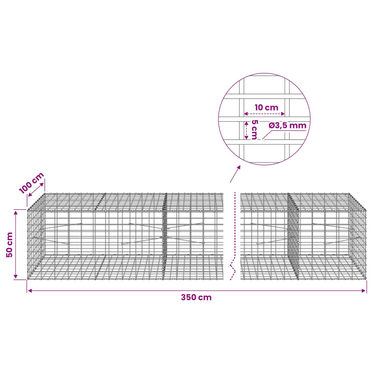 Gabionas su 3,5 mm viela ir 5x10 cm tinkleliu 350x100x50 cm