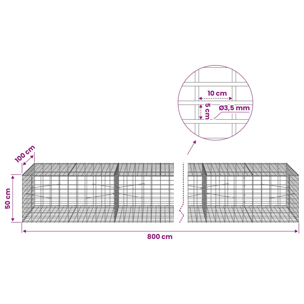 Gabionas su 3,5 mm viela ir 5x10 cm tinkleliu 800x100x50 cm