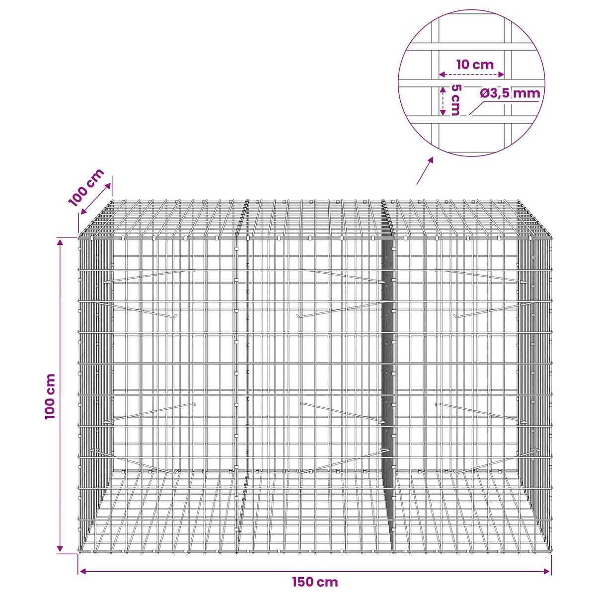 Gabionas su 3,5 mm viela ir 5x10 cm tinkleliu 150x100x100 cm