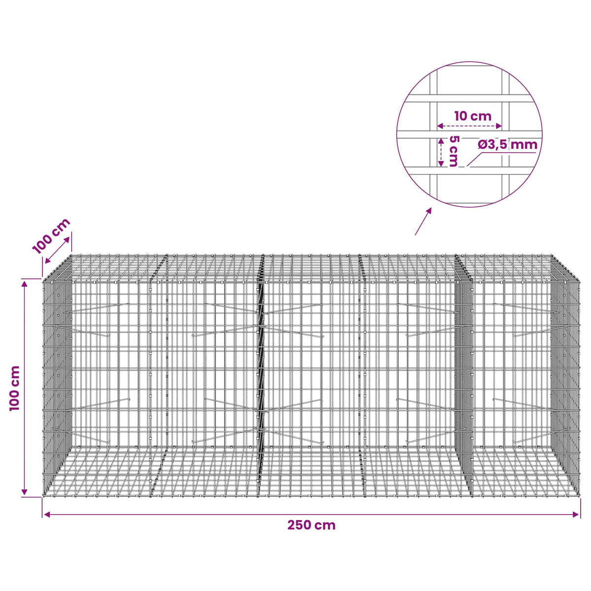Gabionas su 3,5 mm viela ir 5x10 cm tinkleliu 250x100x100 cm