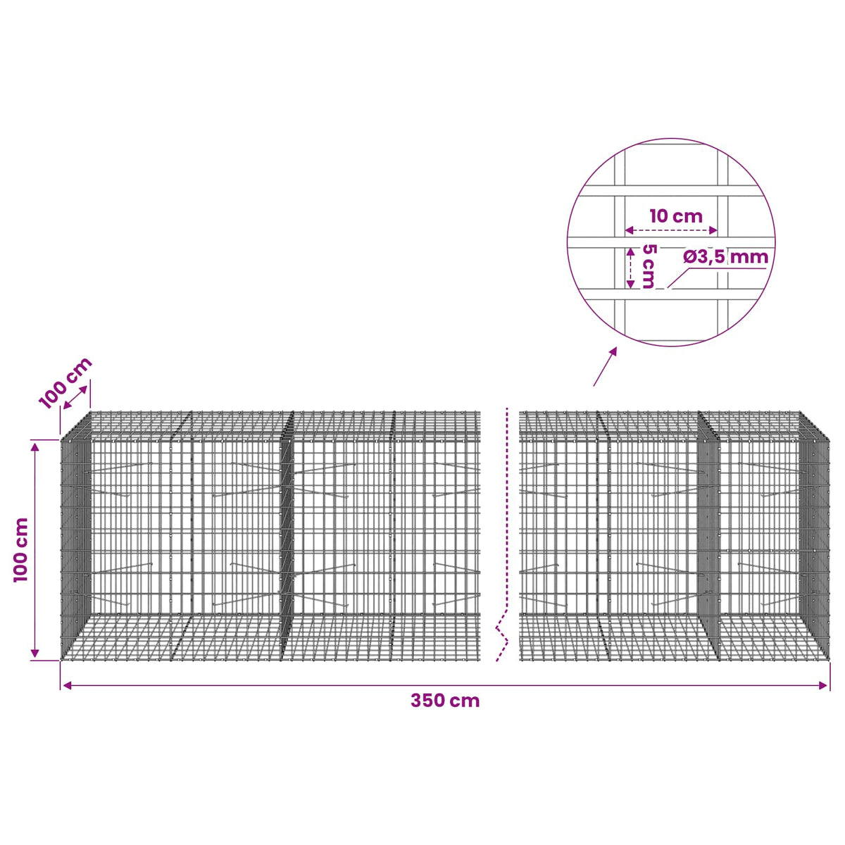Gabionas su 3,5 mm viela ir 5x10 cm tinkleliu 350x100x100 cm