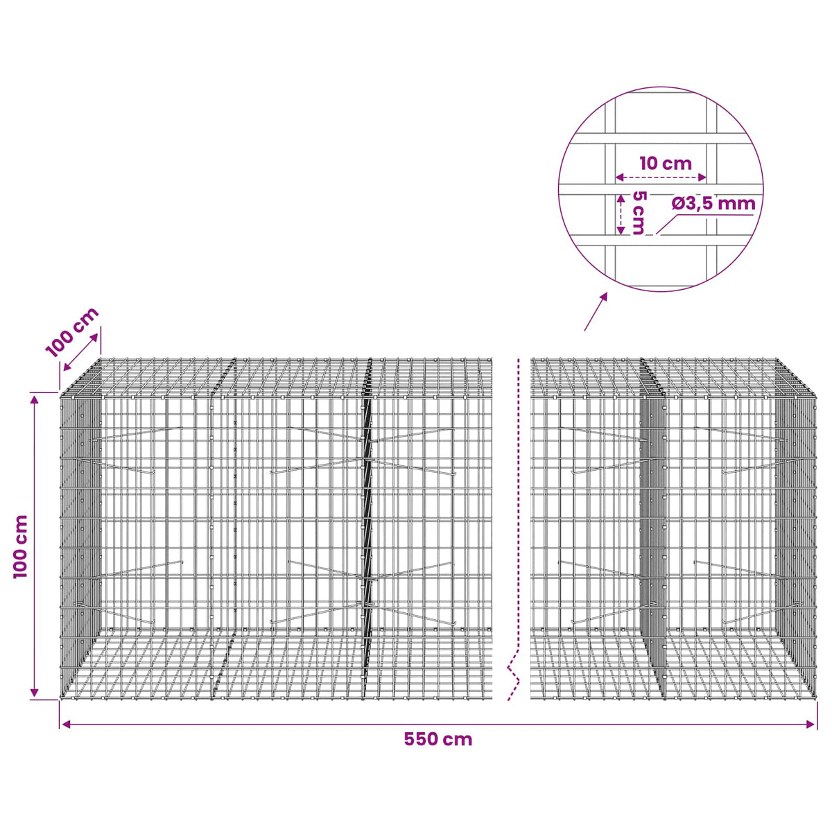 Gabionas su 3,5 mm viela ir 5x10 cm tinkleliu 550x100x100 cm