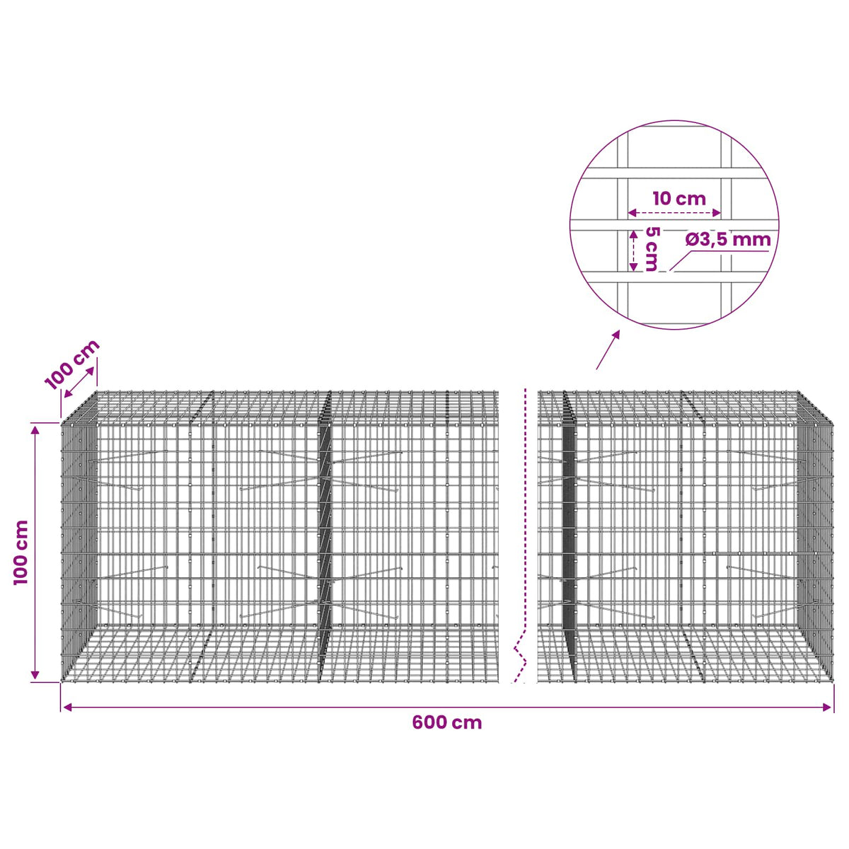 Gabionas su 3,5 mm viela ir 5x10 cm tinkleliu 600x100x100 cm