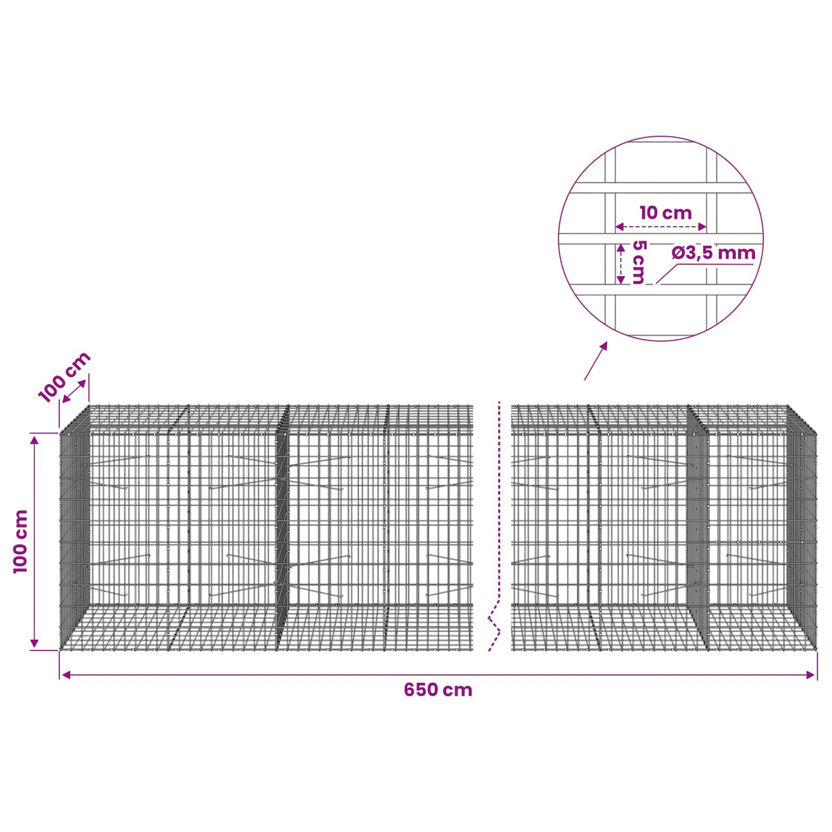 Gabionas su 3,5 mm viela ir 5x10 cm tinkleliu 650x100x100 cm