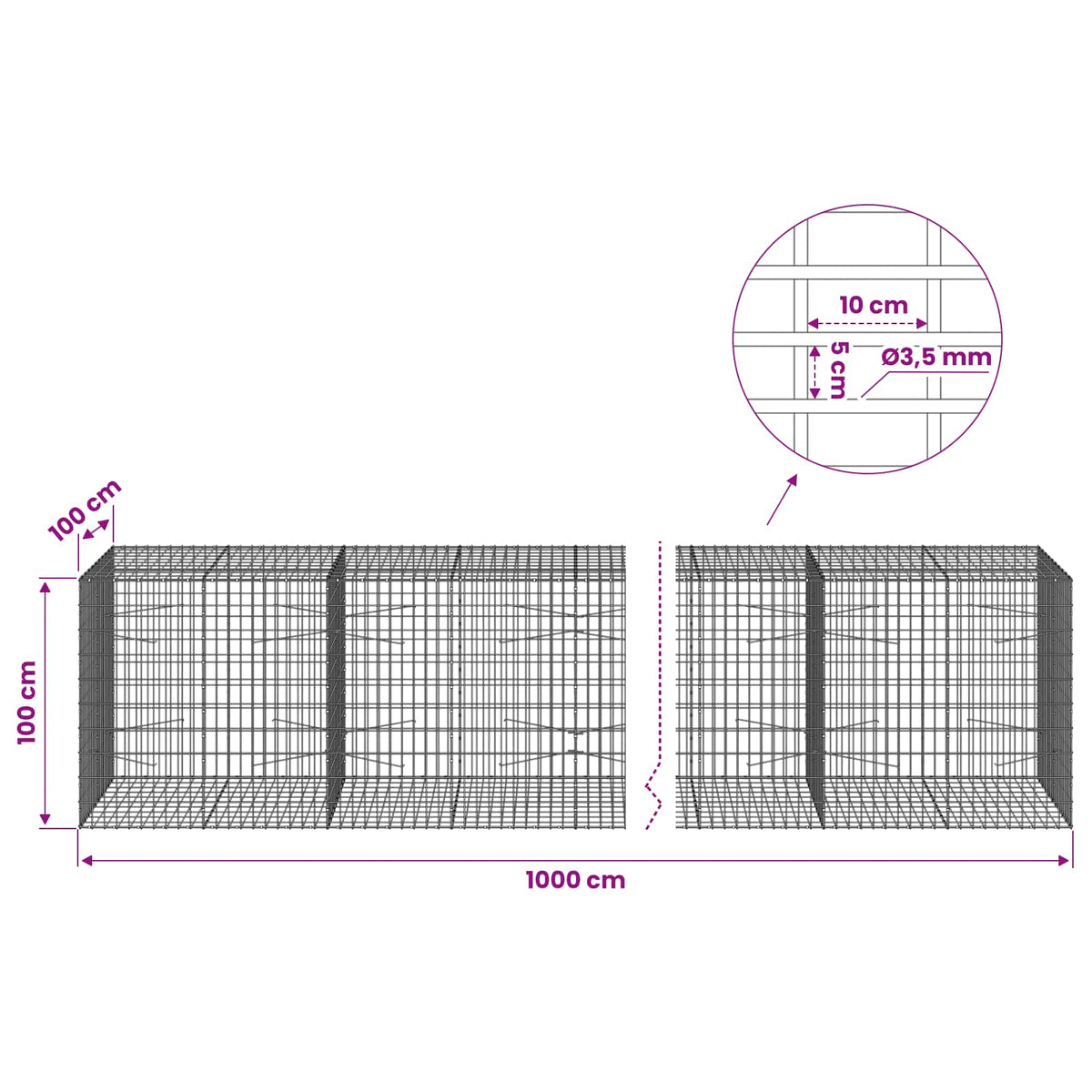 Gabionas su 3,5 mm viela ir 5x10 cm tinkleliu 1000x100x100 cm