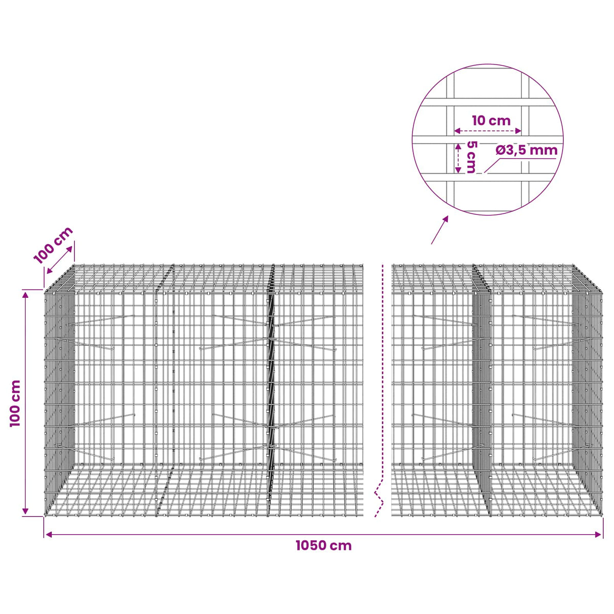 Gabionas su 3,5 mm viela ir 5x10 cm tinkleliu 1050x100x100 cm