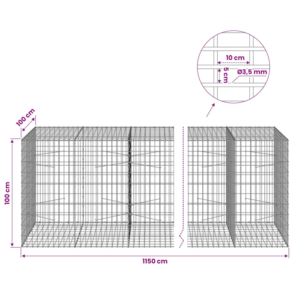 Gabionas su 3,5 mm viela ir 5x10 cm tinkleliu 1150x100x100 cm