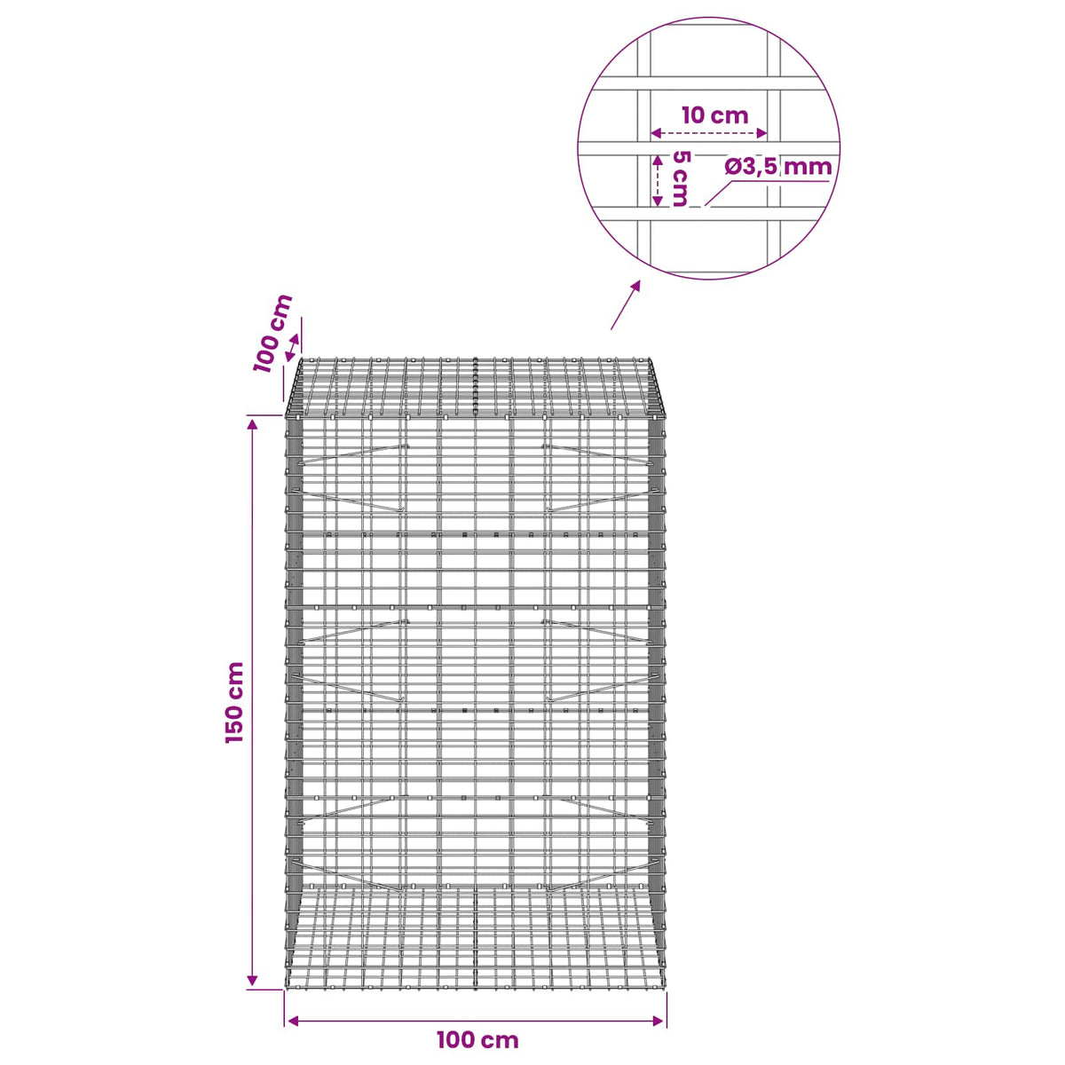 Gabionas su 3,5 mm viela ir 5x10 cm tinkleliu 100x100x150 cm
