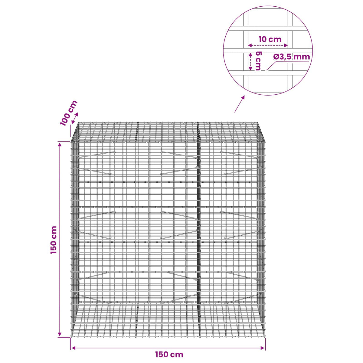Gabionas su 3,5 mm viela ir 5x10 cm tinkleliu 150x100x150 cm