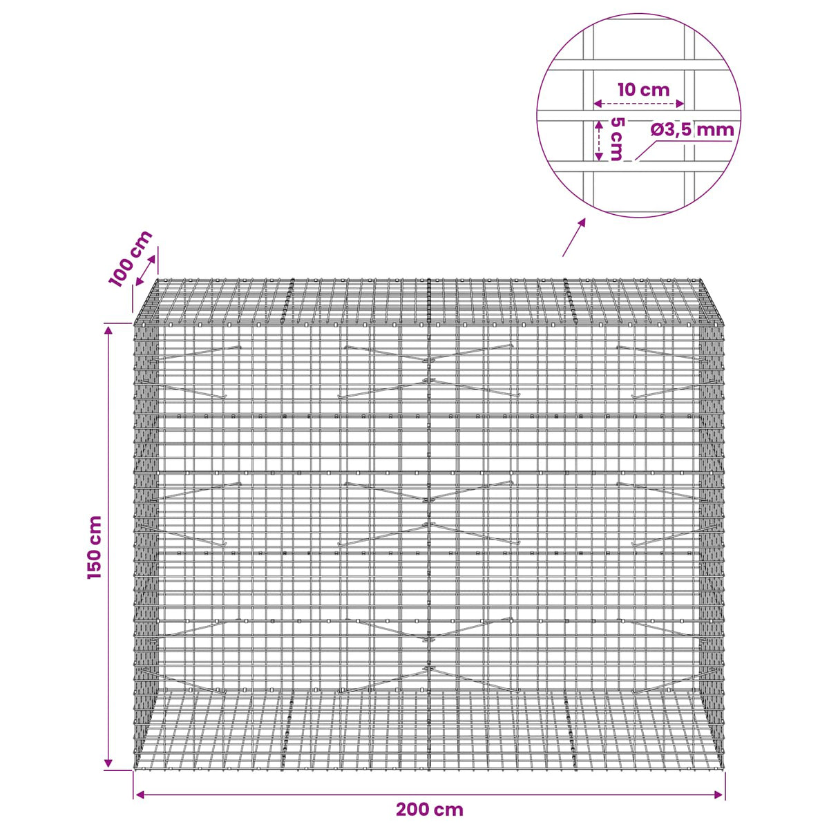 Gabionas su 3,5 mm viela ir 5x10 cm tinkleliu 200x100x150 cm