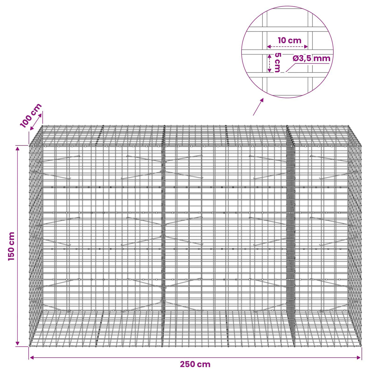 Gabionas su 3,5 mm viela ir 5x10 cm tinkleliu 250x100x150 cm