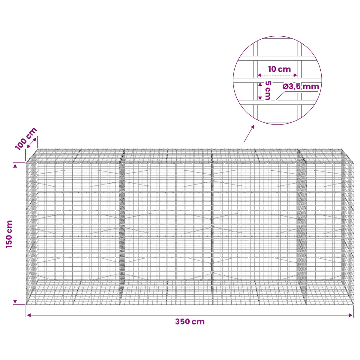 Gabionas su 3,5 mm viela ir 5x10 cm tinkleliu 350x100x150 cm