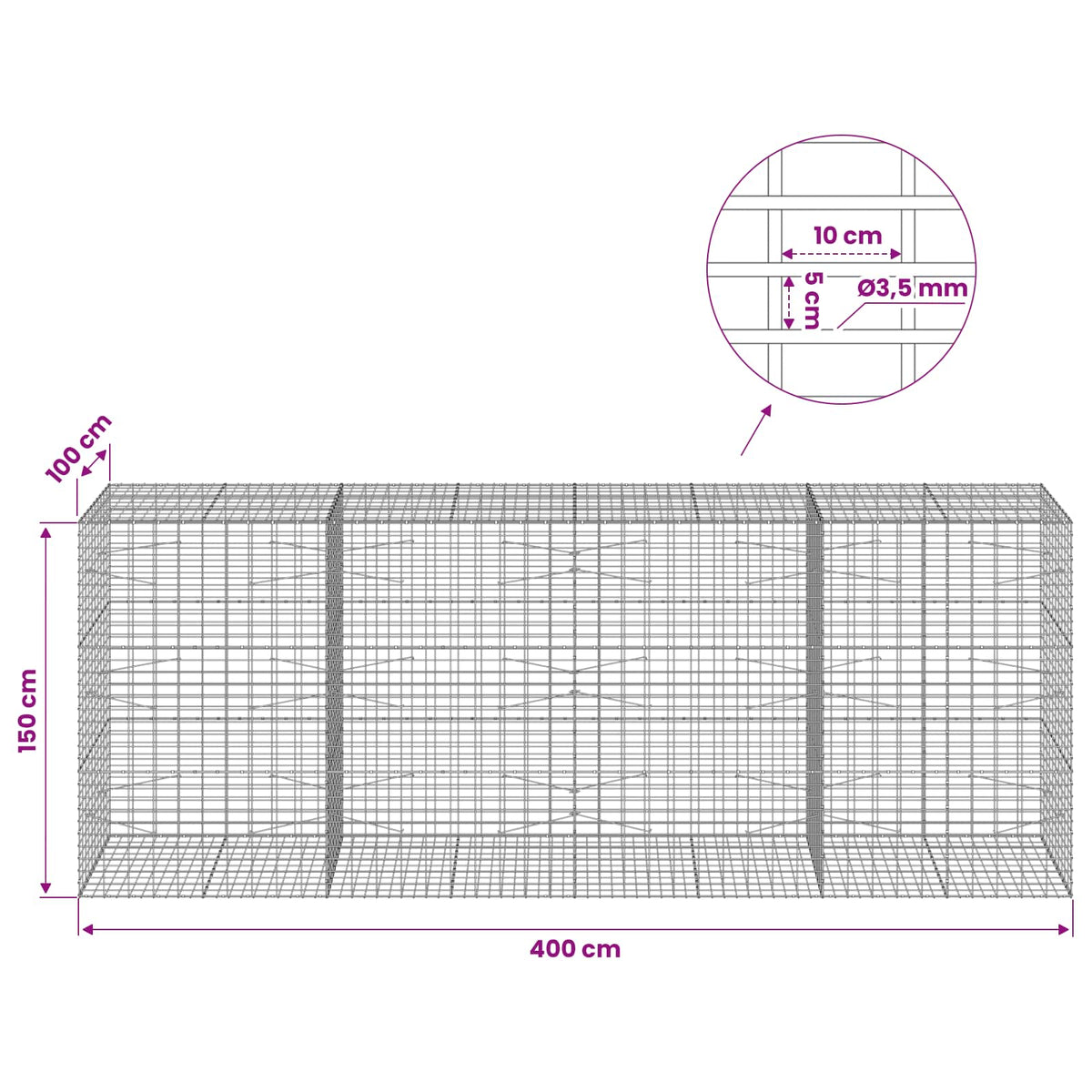 Gabionas su 3,5 mm viela ir 5x10 cm tinkleliu 400x100x150 cm