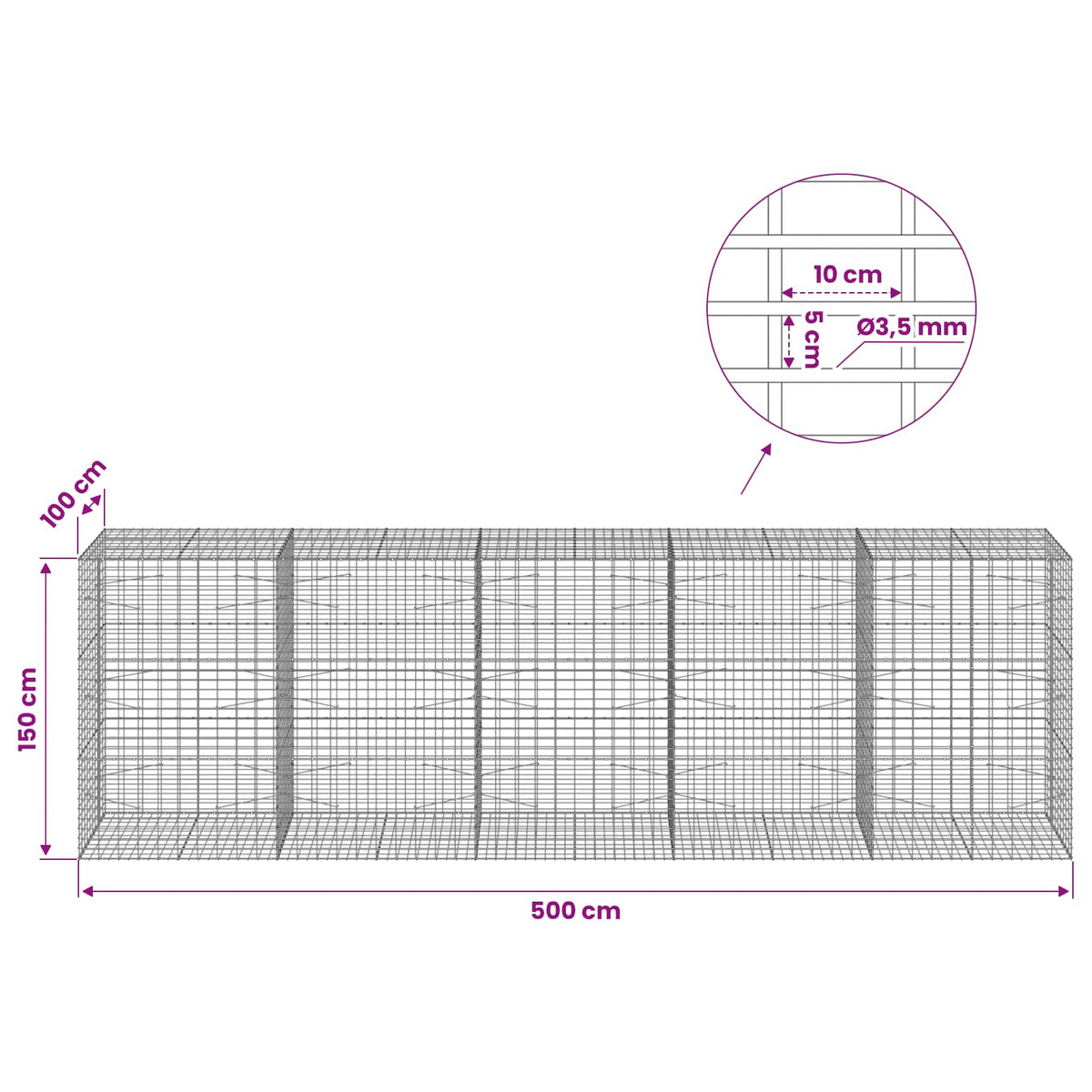 Gabionas su 3,5 mm viela ir 5x10 cm tinkleliu 500x100x150 cm