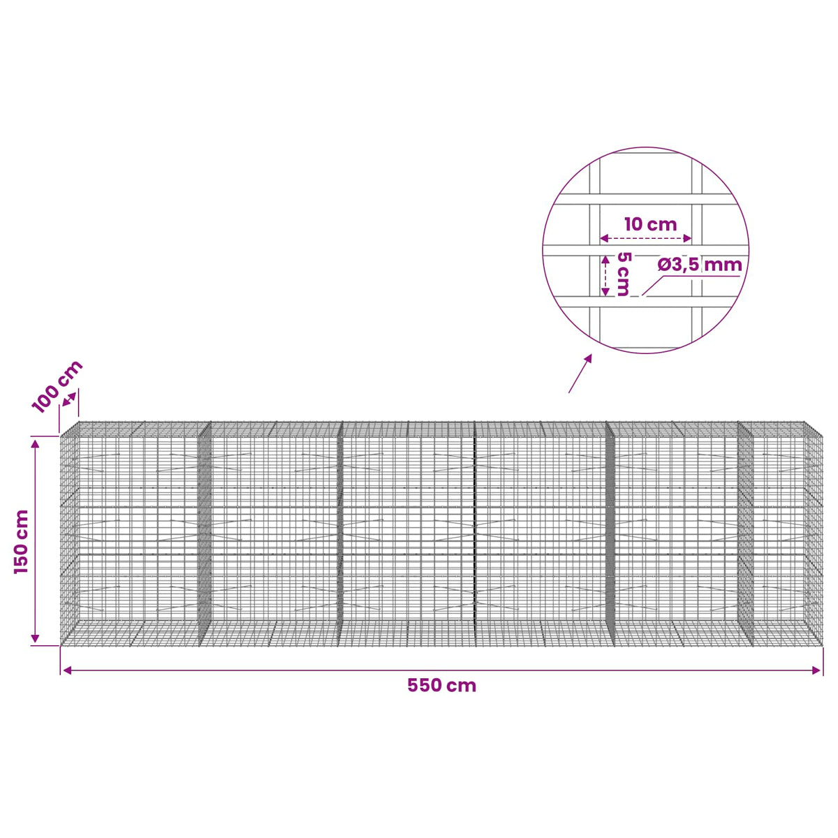 Gabionas su 3,5 mm viela ir 5x10 cm tinkleliu 550x100x150 cm