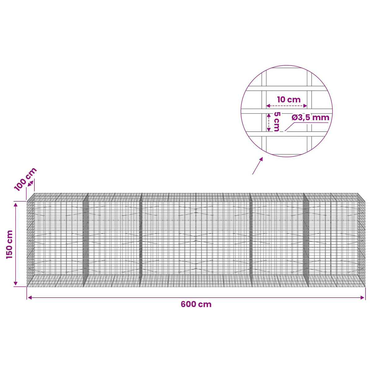 Gabionas su 3,5 mm viela ir 5x10 cm tinkleliu 600x100x150 cm
