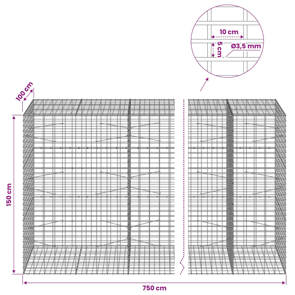 Gabionas su 3,5 mm viela ir 5x10 cm tinkleliu 750x100x150 cm