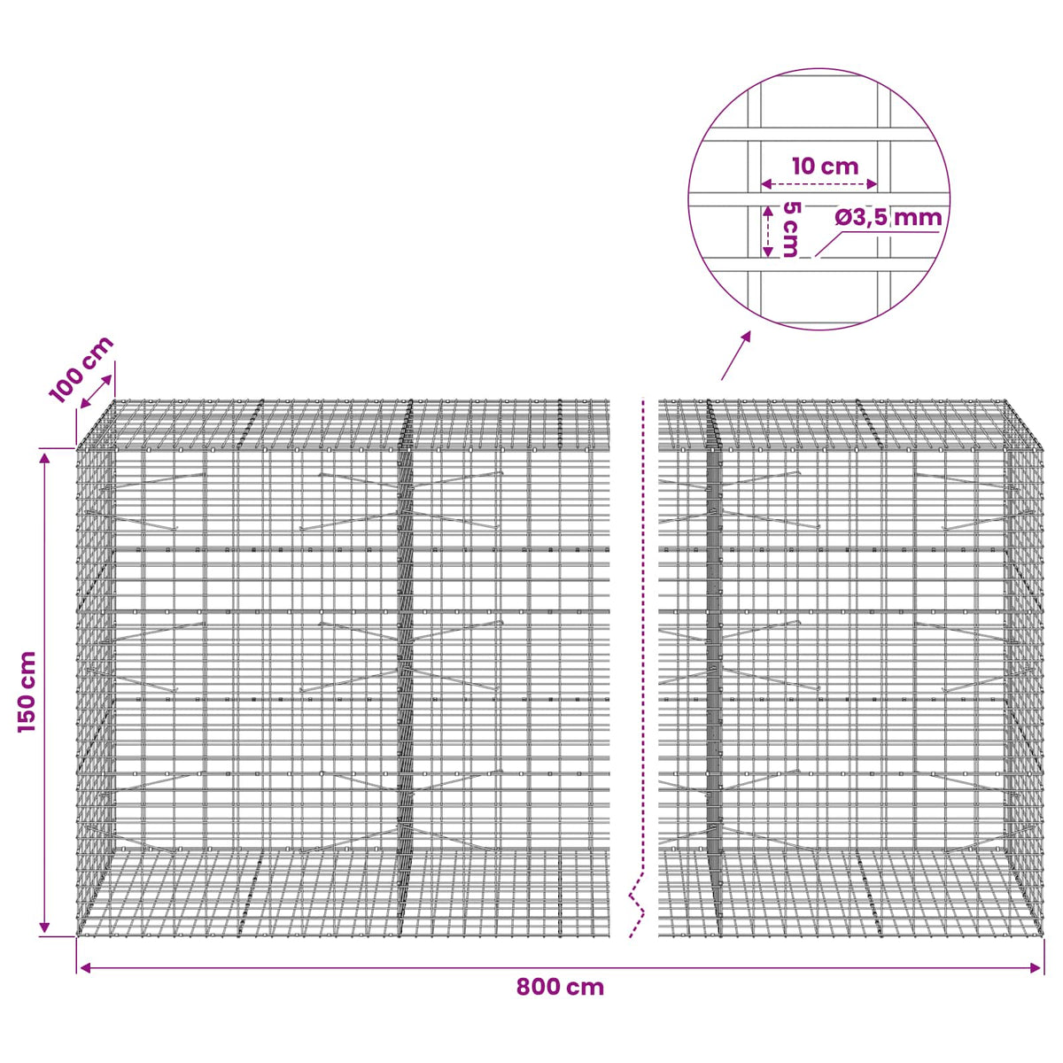 Gabionas su 3,5 mm viela ir 5x10 cm tinkleliu 800x100x150 cm