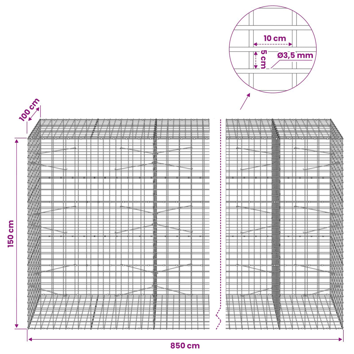 Gabionas su 3,5 mm viela ir 5x10 cm tinkleliu 850x100x150 cm