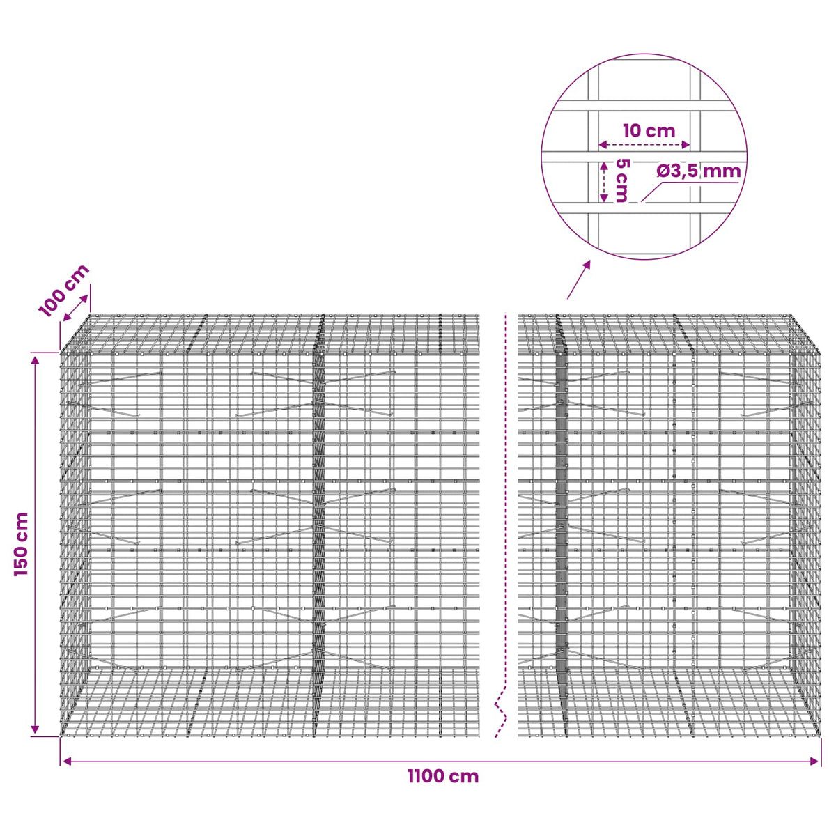 Gabionas su 3,5 mm viela ir 5x10 cm tinkleliu 1100x100x150 cm