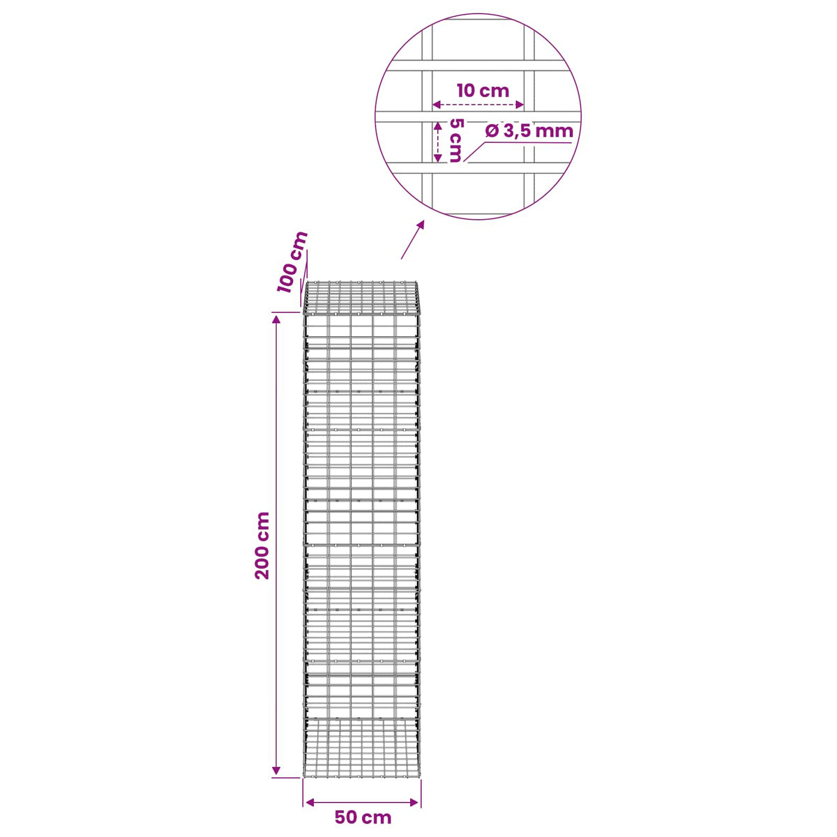 Gabionas su 3,5 mm viela ir 5x10 cm tinkleliu 50x100x200 cm