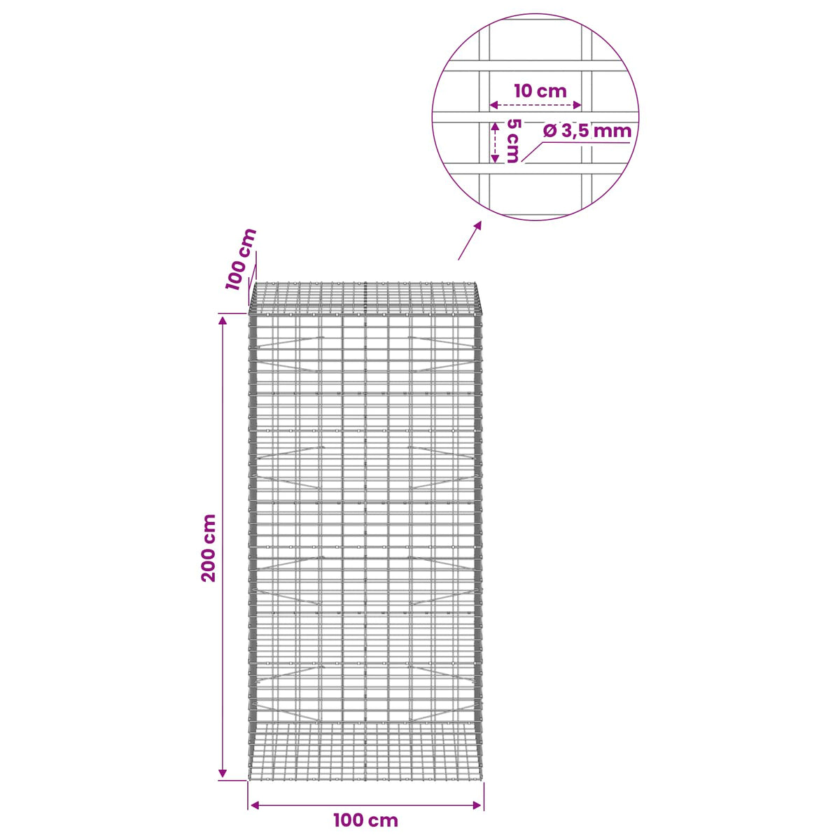 Gabionas su 3,5 mm viela ir 5x10 cm tinkleliu 100x100x200 cm