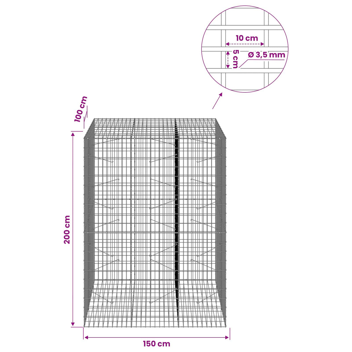 Gabionas su 3,5 mm viela ir 5x10 cm tinkleliu 150x100x200 cm