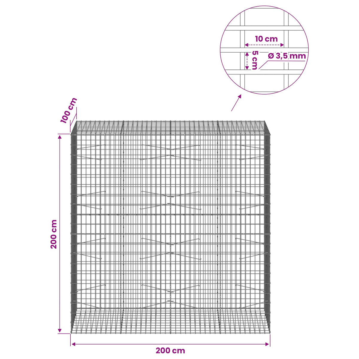 Gabionas su 3,5 mm viela ir 5x10 cm tinkleliu 200x100x200 cm