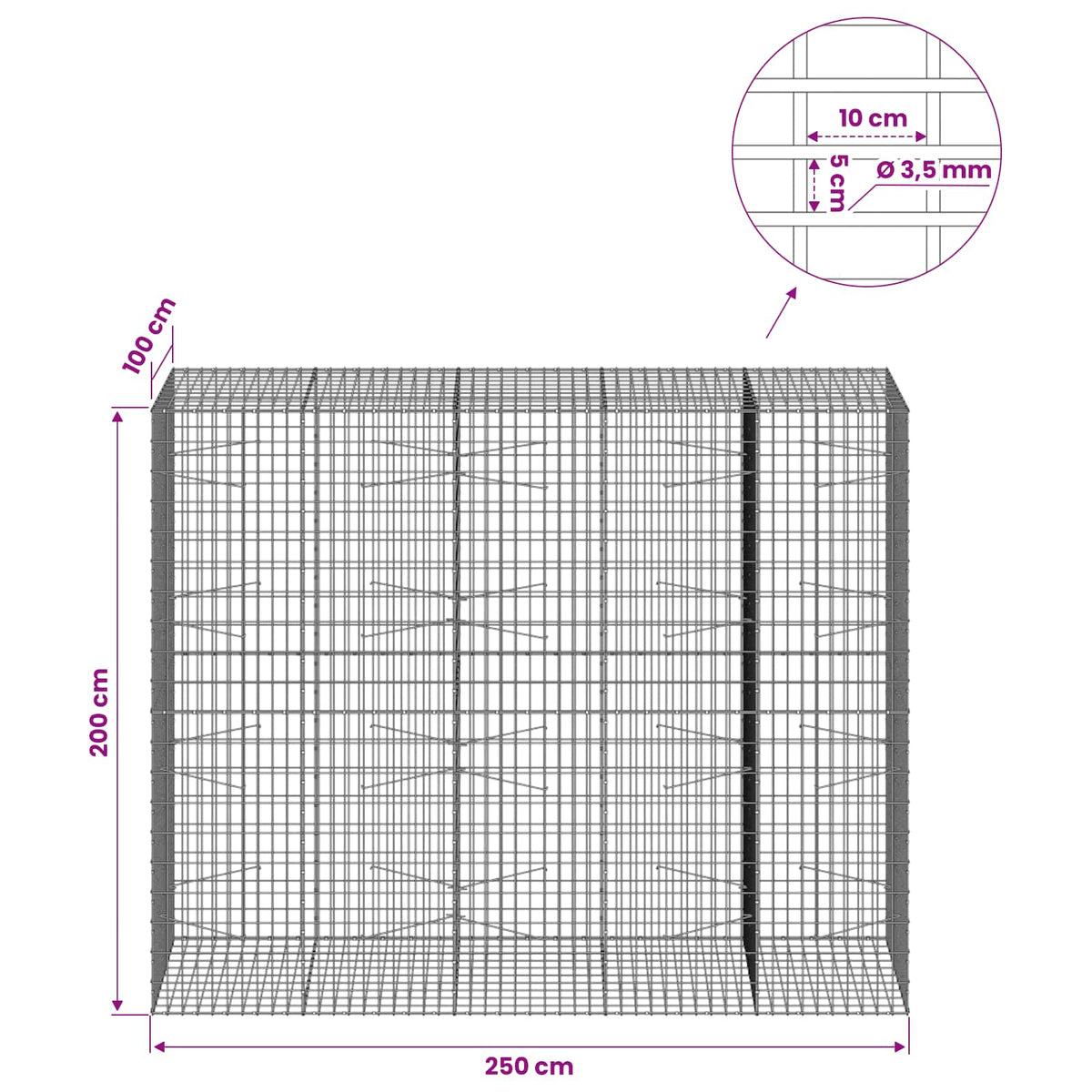 Gabionas su 3,5 mm viela ir 5x10 cm tinkleliu 250x100x200 cm