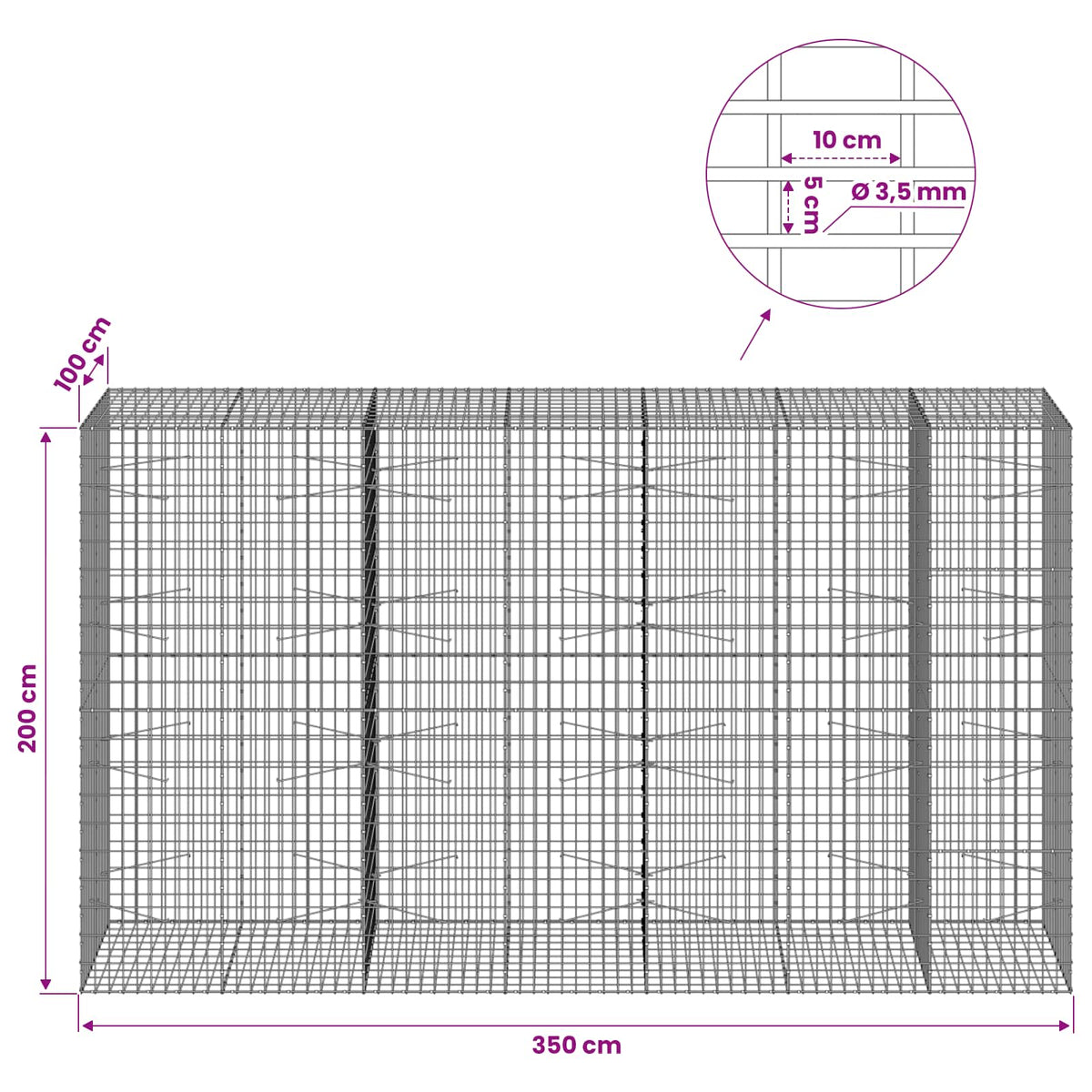 Gabionas su 3,5 mm viela ir 5x10 cm tinkleliu 350x100x200 cm