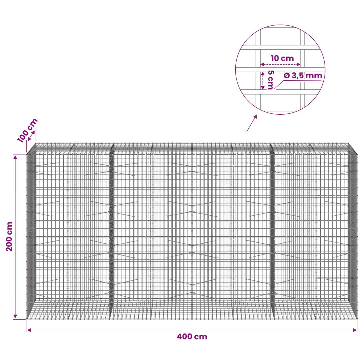 Gabionas su 3,5 mm viela ir 5x10 cm tinkleliu 400x100x200 cm