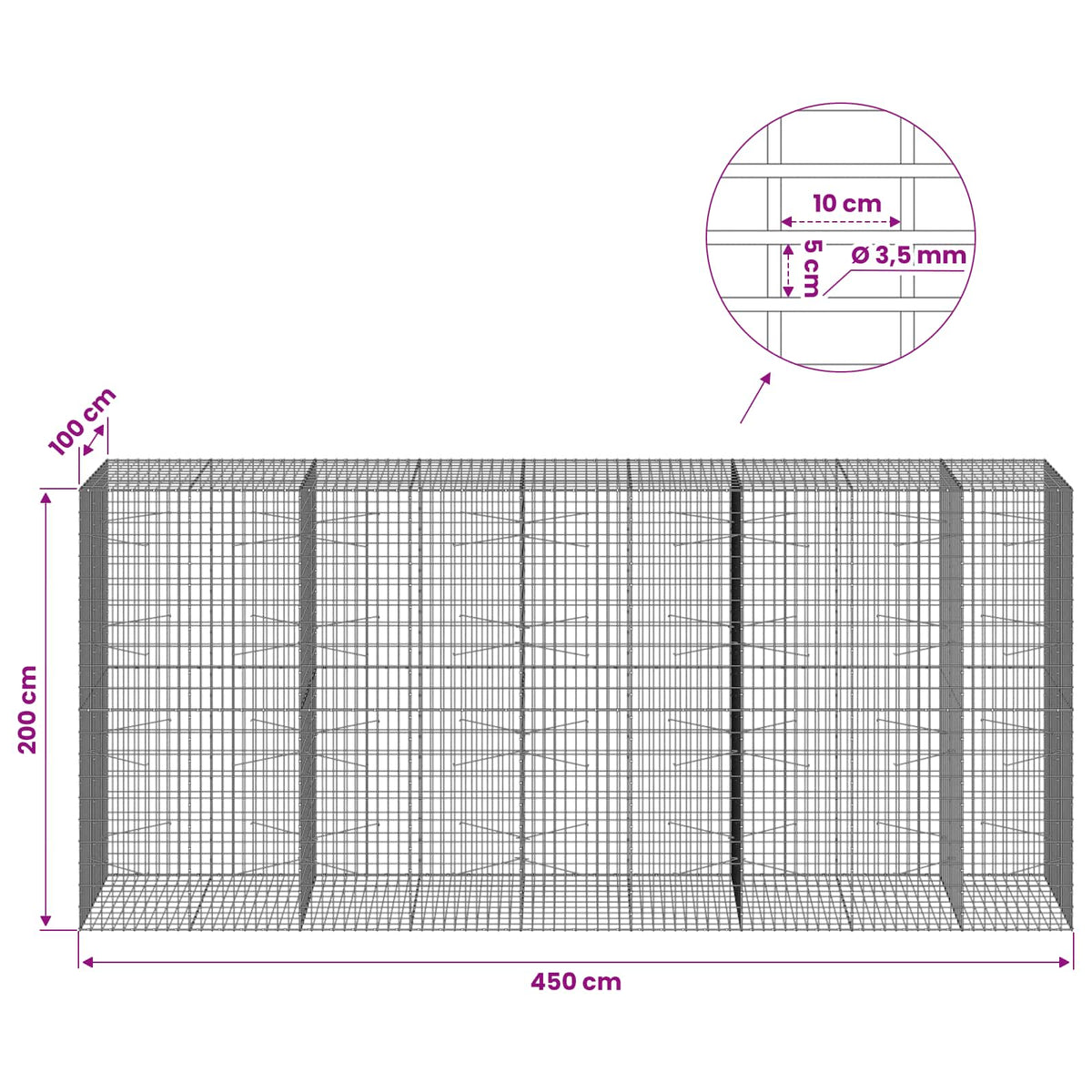 Gabionas su 3,5 mm viela ir 5x10 cm tinkleliu 450x100x200 cm