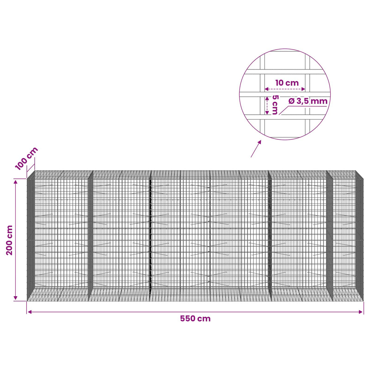 Gabionas su 3,5 mm viela ir 5x10 cm tinkleliu 550x100x200 cm