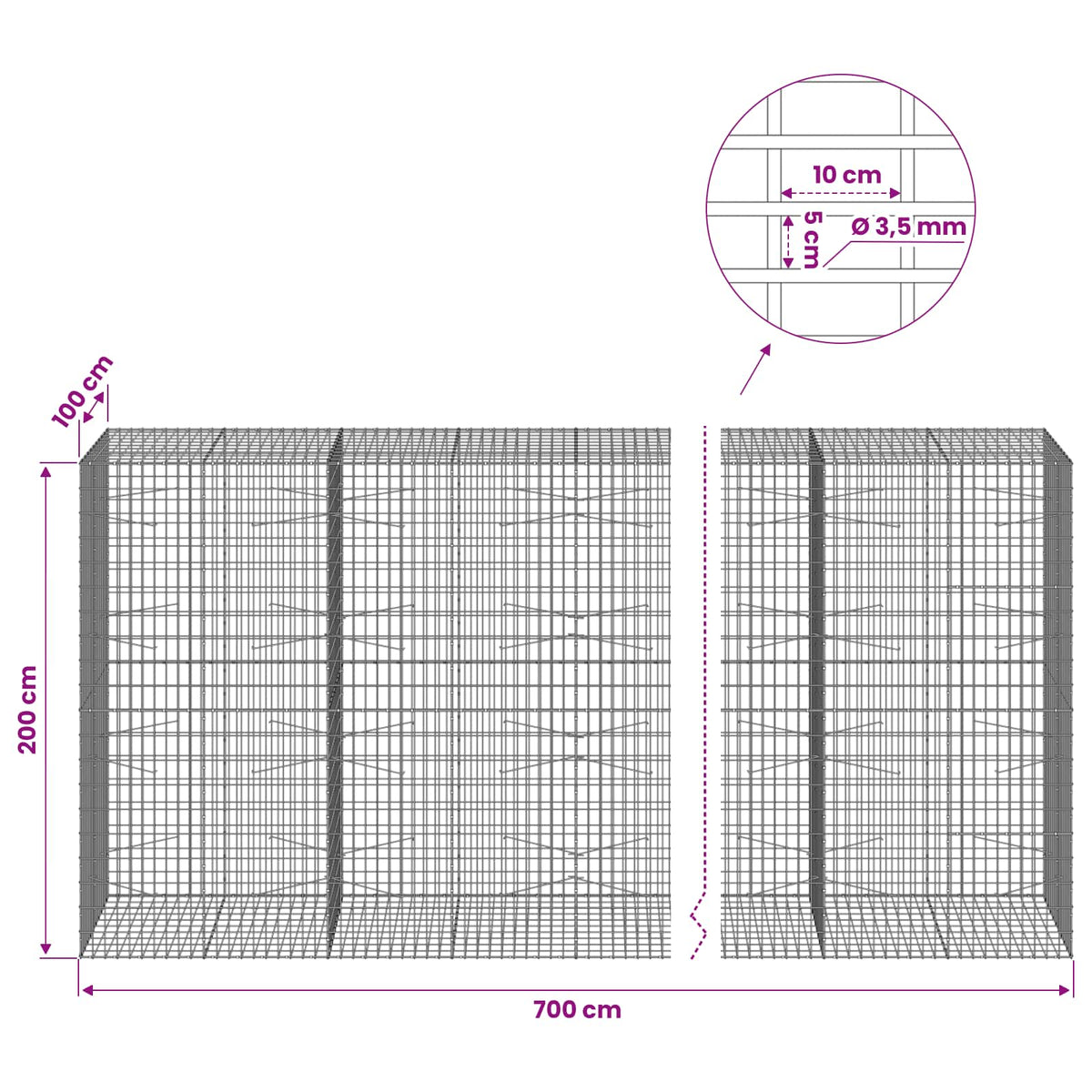 Gabionas su 3,5 mm viela ir 5x10 cm tinkleliu 700x100x200 cm