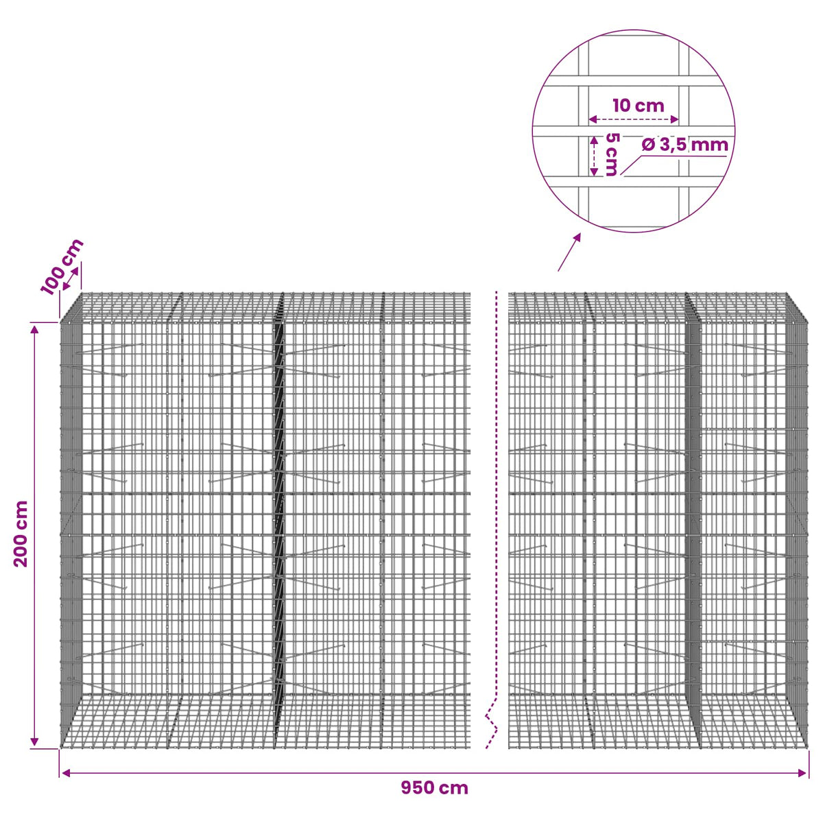 Gabionas su 3,5 mm viela ir 5x10 cm tinkleliu 950x100x200 cm