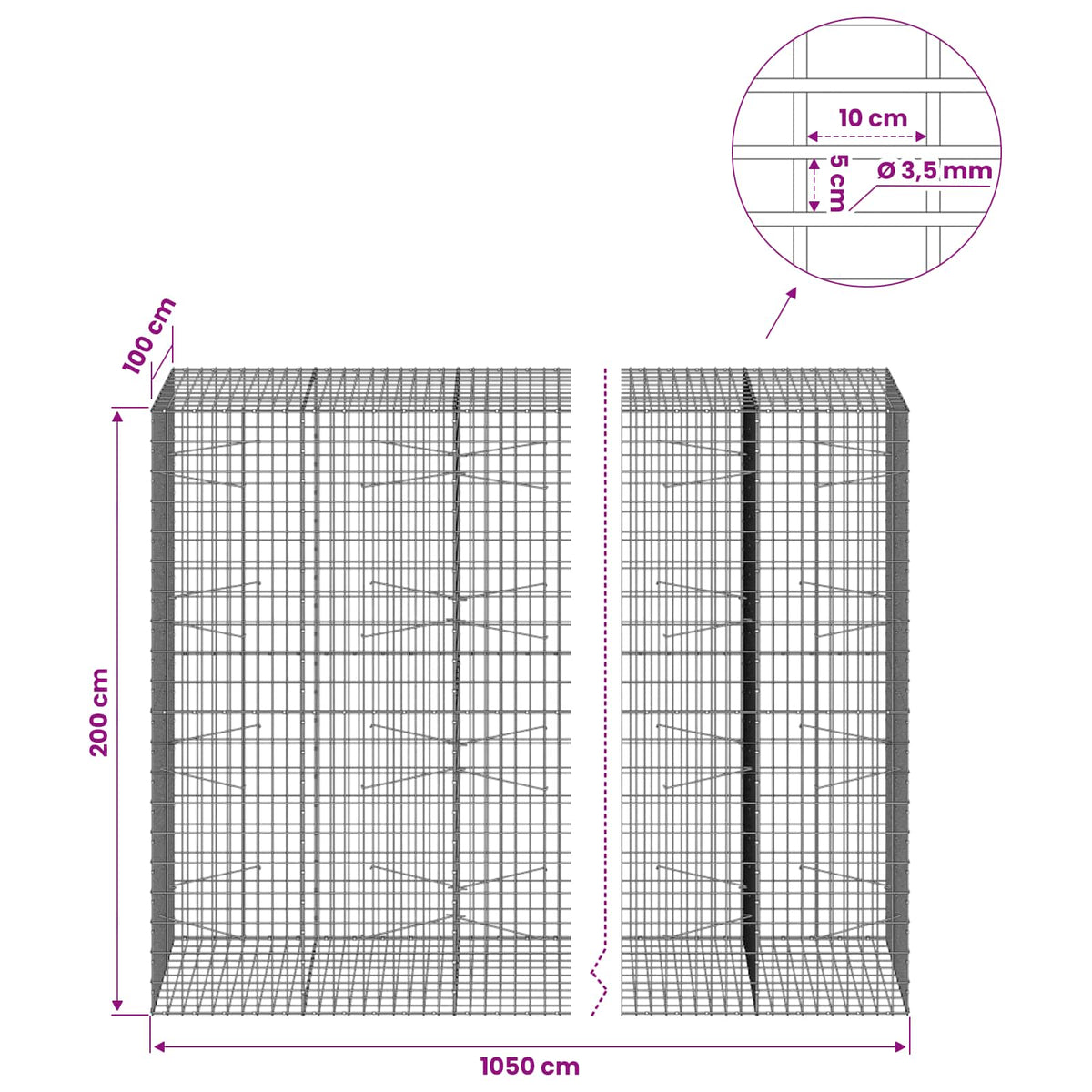 Gabionas su 3,5 mm viela ir 5x10 cm tinkleliu 1050x100x200 cm