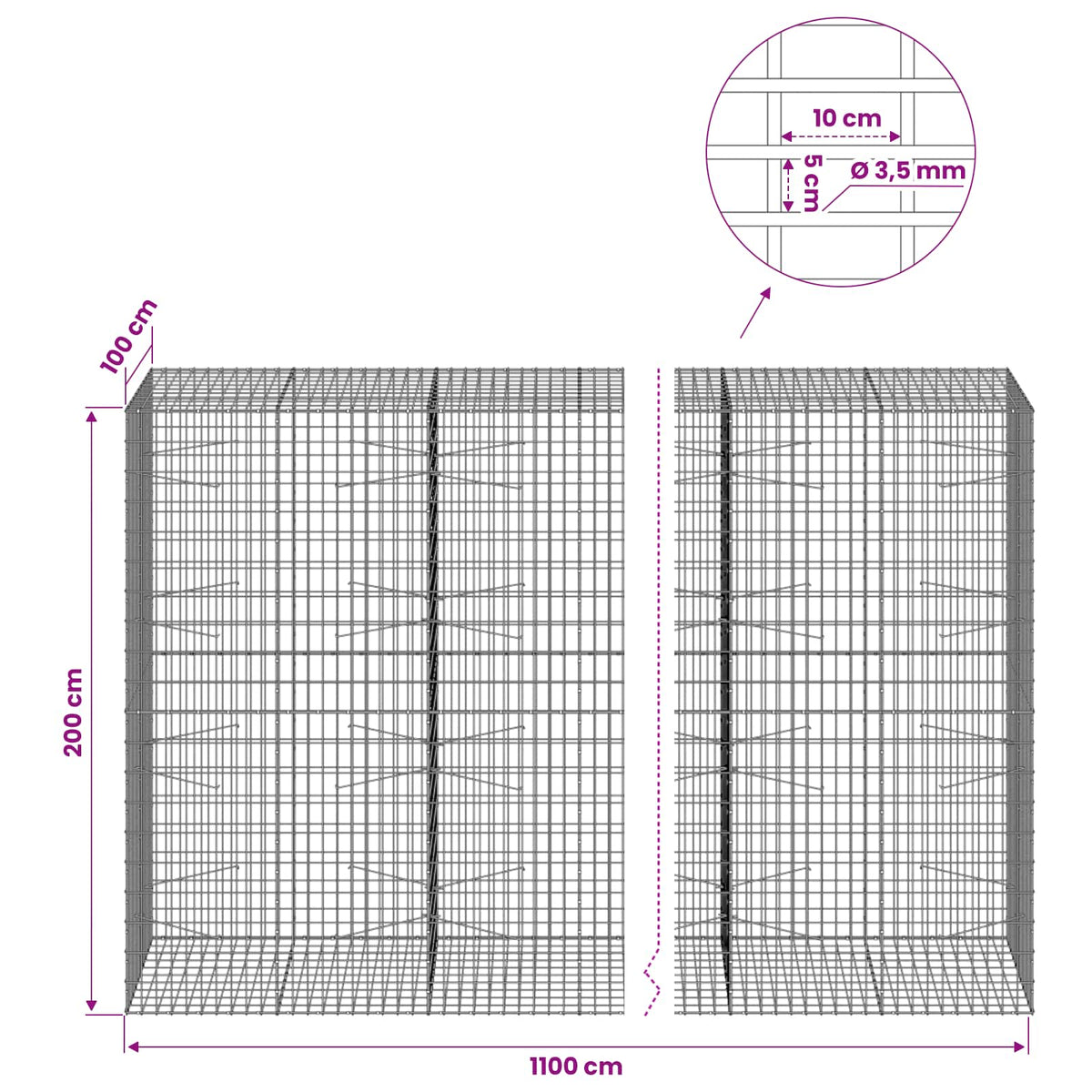 Gabionas su 3,5 mm viela ir 5x10 cm tinkleliu 1100x100x200 cm