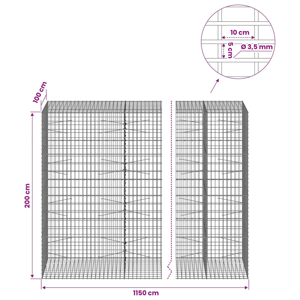 Gabionas su 3,5 mm viela ir 5x10 cm tinkleliu 1150x100x200 cm