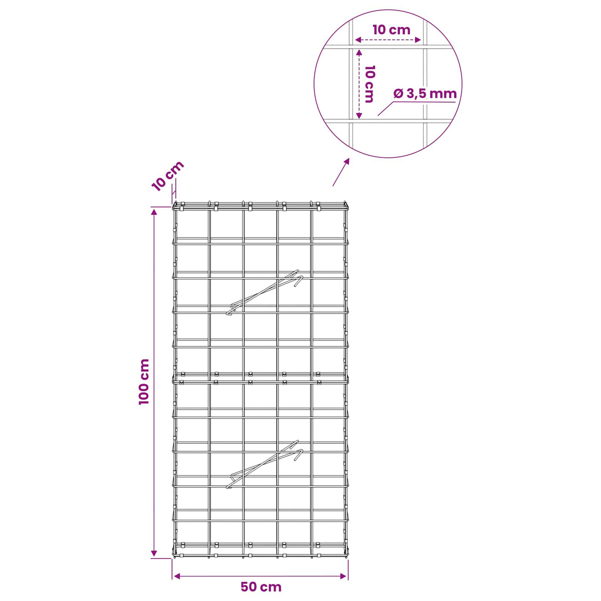 Gabionas su 3,5 mm viela ir 10x10 cm tinkleliu 50x10x100 cm