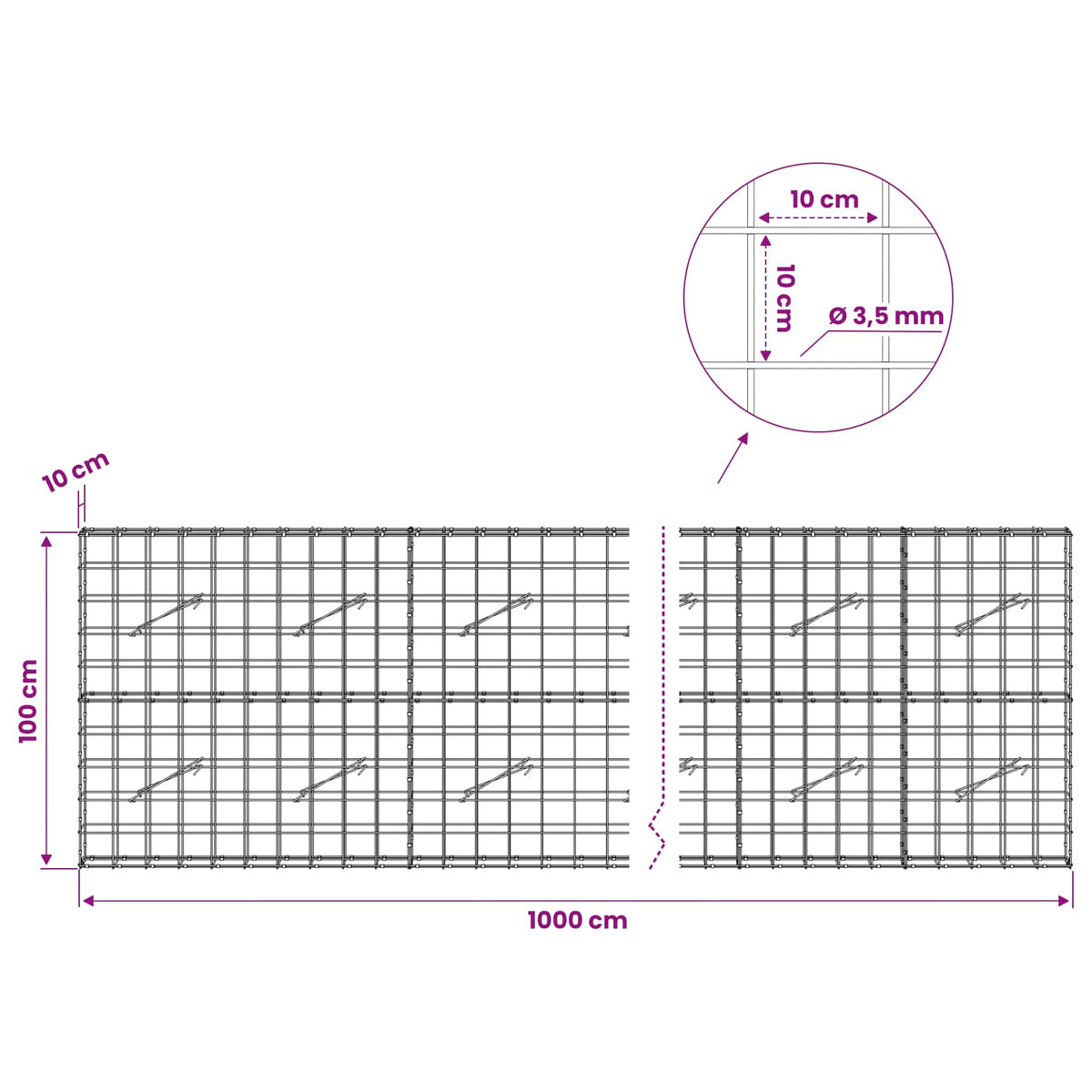 Gabionas su 3,5 mm viela ir 10x10 cm tinkleliu 1000x10x100 cm