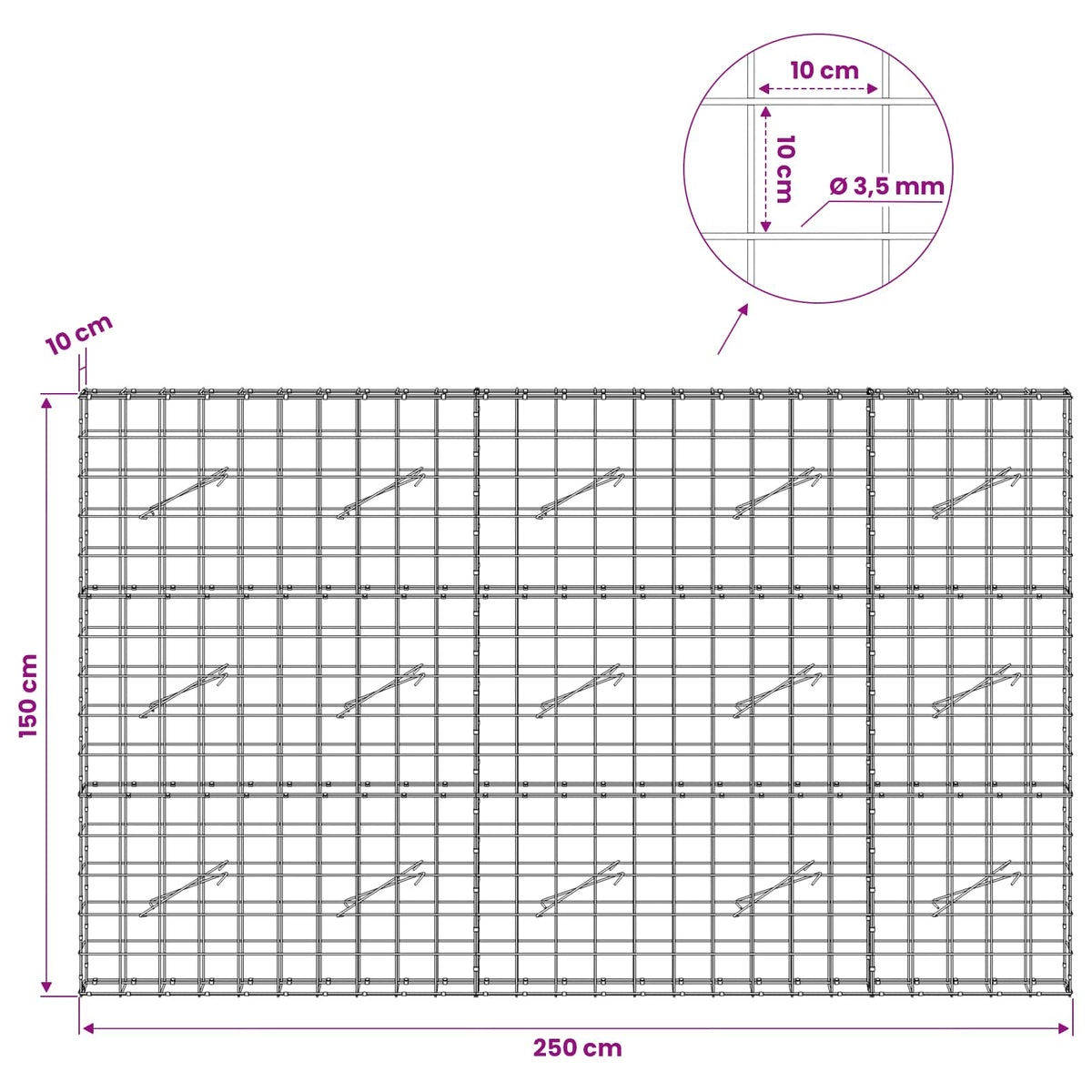 Gabionas su 3,5 mm viela ir 10x10 cm tinkleliu 250x10x150 cm